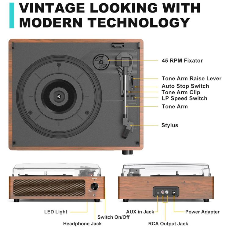 Toca-discos-Classico-de-Vinil-com-Alto-falantes-Retro-Imagem-1