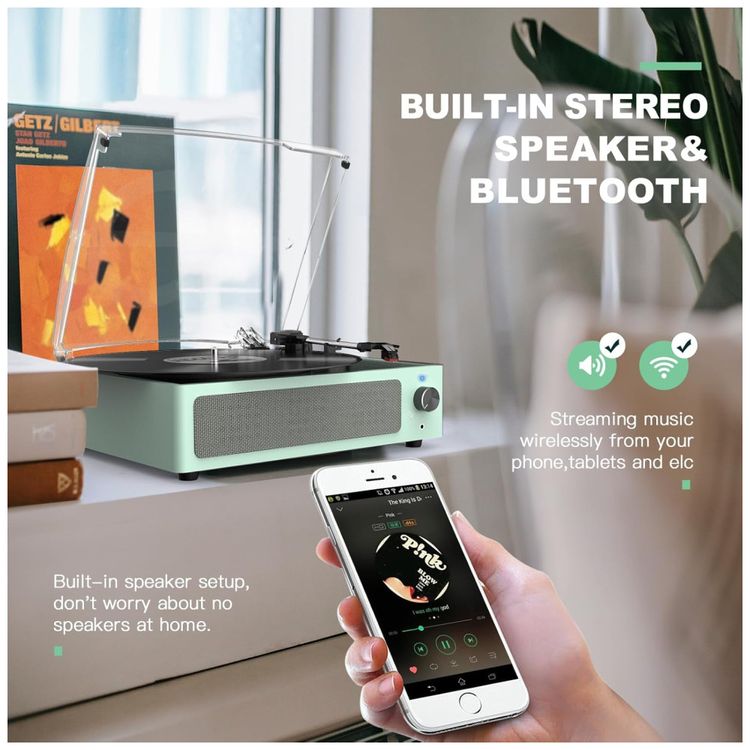Toca-discos-para-vinil-com-alto-falantes-Bluetooth-e-design-Imagem-2