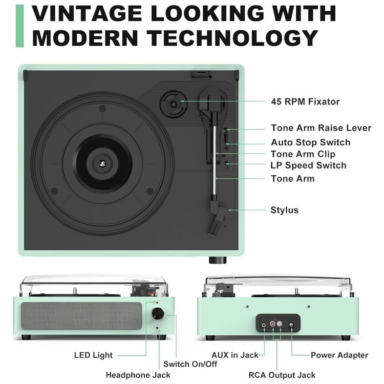 Toca-discos-para-vinil-com-alto-falantes-Bluetooth-e-design-Imagem-5