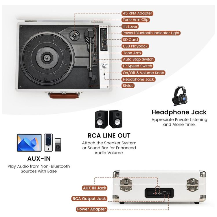 Toca-Discos-Hododou-Vinil-Portatil-Bluetooth-Gravacao-USB-Imagem-3