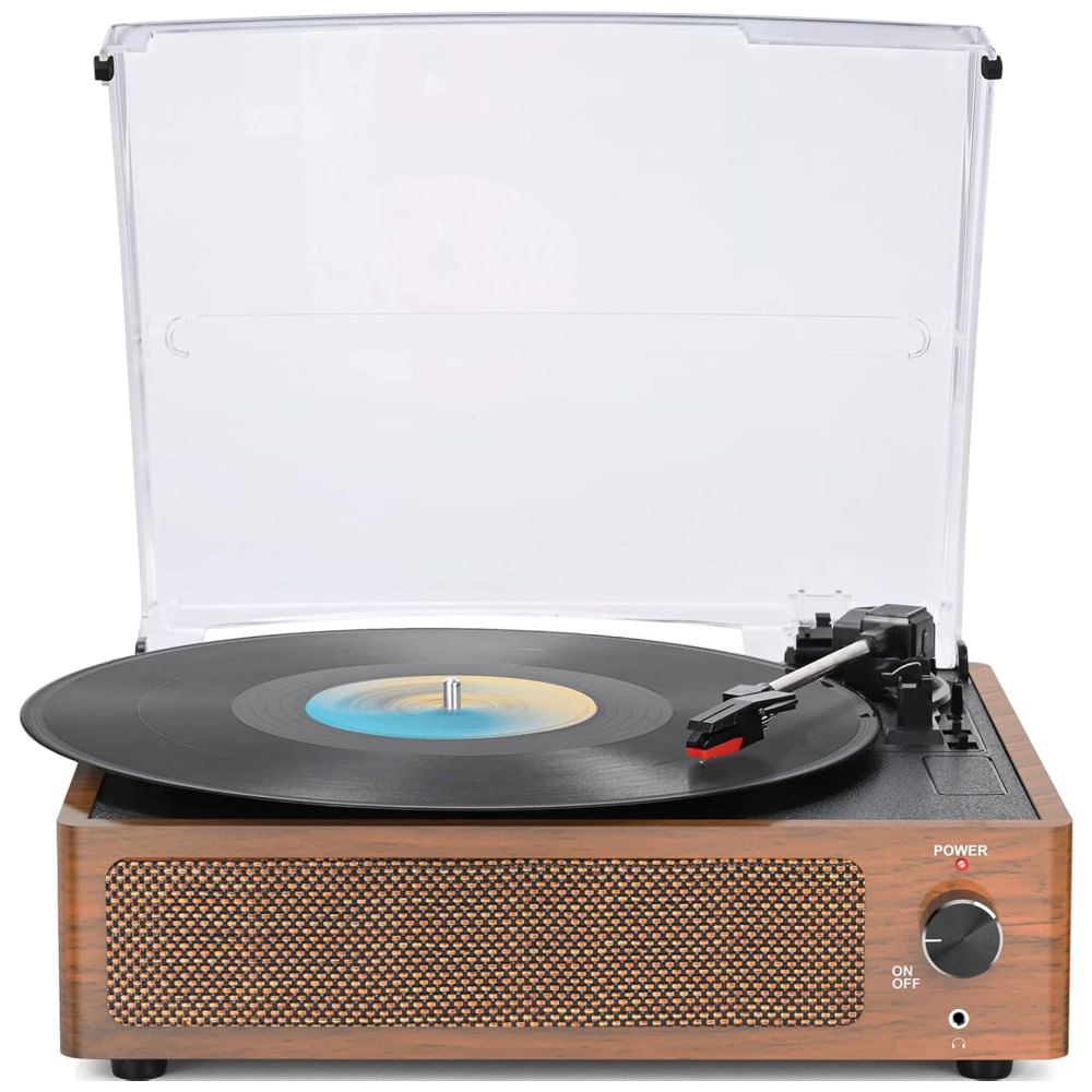 Toca-discos Vintage com Alto-falantes para Vinil, Bluetooth, 3 Velocidades e Parada Automática em Madeira Marrom,WOCKODER