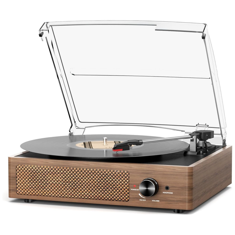 Toca-discos de Vinil com Bluetooth, 2 Caixas de Som, 3 Velocidades, 3 Tamanhos, Saída AUX, Saída RCA, Entrada para Fone de Ouvido,cotsoco
