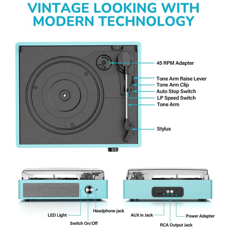 Toca-discos-de-Vinil-Vintage-com-Bluetooth-2-Imagem-1
