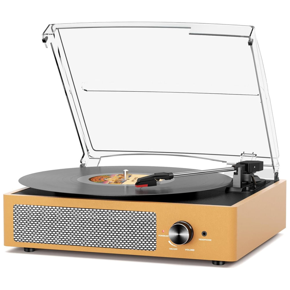 Toca-discos de Vinil Retrô com 2 Caixas de Som, Conexão sem Fio, 3 Rotações, 3 Tamanhos, Saída RCA, Entrada P2, Saída para Fones,cotsoco,