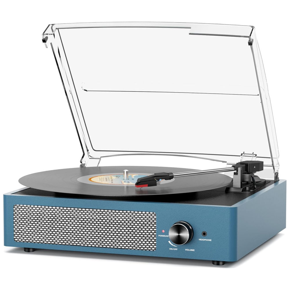 Toca-discos de Vinil com 2 Alto-Falantes Estéreo, Bluetooth, 3 Velocidades, 3 Tamanhos, Saída RCA e Auxiliar, Fone de Ouvido,cotsoco