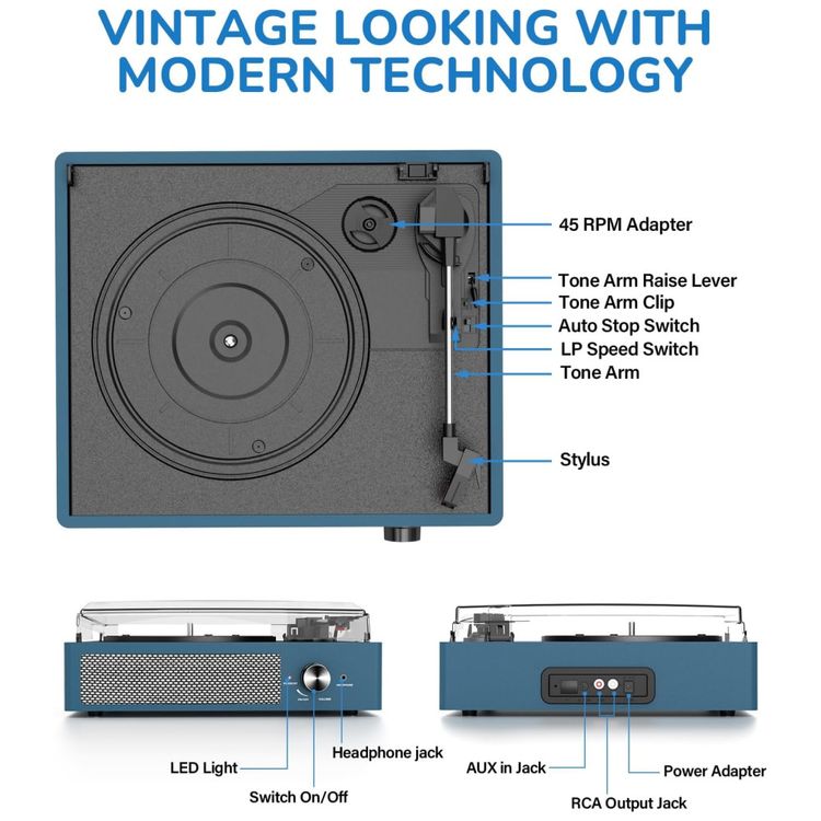 Toca-discos-de-Vinil-com-2-Alto-Falantes-Estereo-Imagem-1