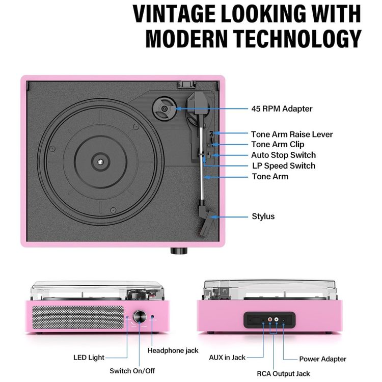 Toca-discos-de-Vinil-com-2-Alto-falantes-Estereo-Vintage-e-Imagem-1