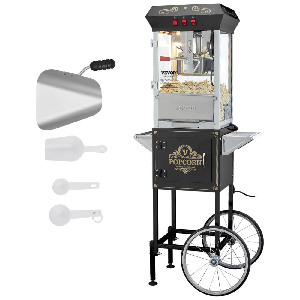 Pipoqueira VEVOR com Carrinho, 850W, 8 Oz, Faz 48 Copos, Vidro Temperado, 4 Colheres Medidoras