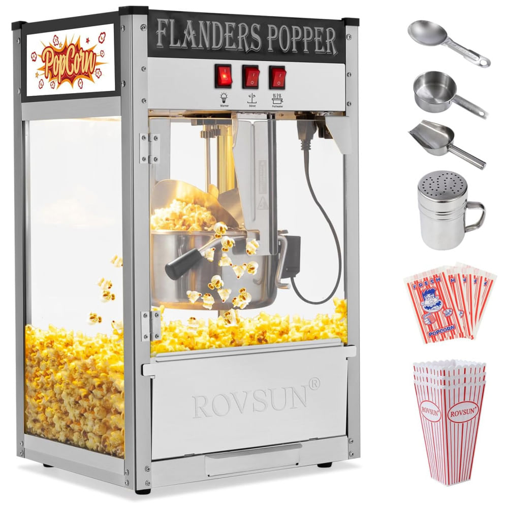 Máquina de Pipoca ROVSUN com Capacidade para 450ml, Produz até 15 Litros, Fabricante de Pipoca de Bancada Comercial com Pá de Aço Inoxidável