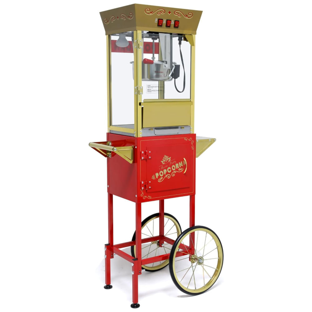 Pipoqueira de 340g com Carrinho, Vintage Popcorn Maker com Suporte, Rodas, Gavetas de Armazenamento, Colher de Medir e Pegador, Estilo de Cinema,