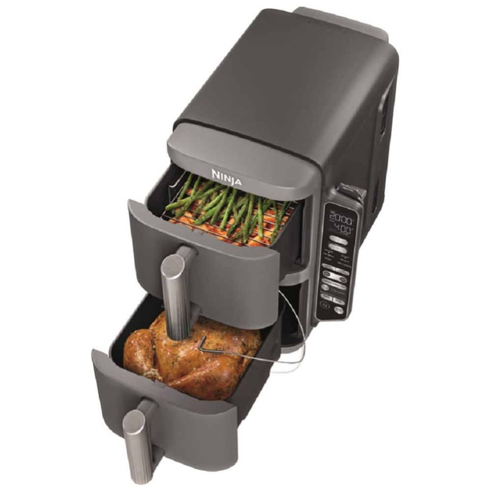 Fritadeira Elétrica Ninja Duplo Andar XL 9,5 Litros 2 Cestos Air Fryer, Tecnologia Smart Cook System, Cozimento Duplo de 4 Alimentos, Termômetro,