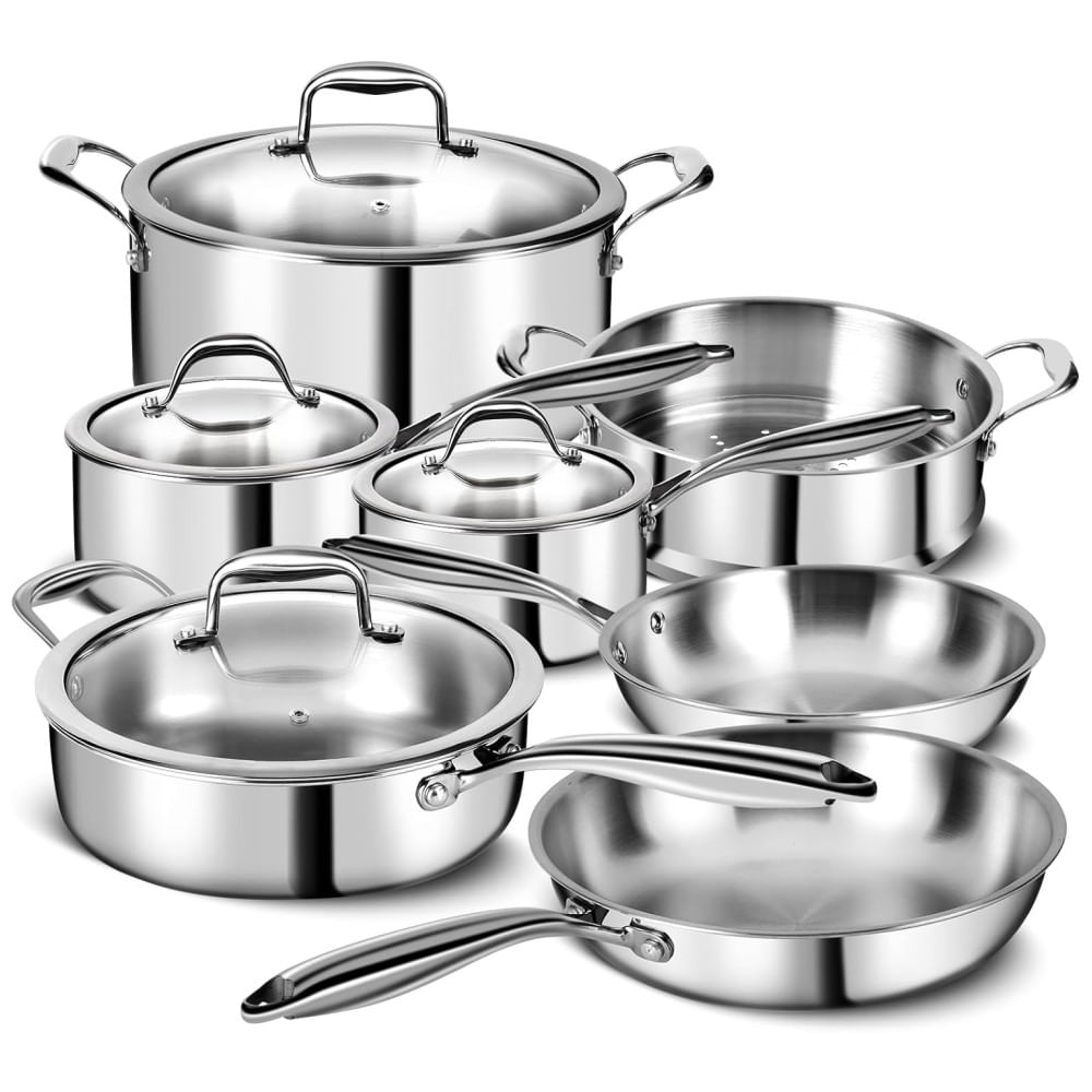 Jogo de Panelas em Aço Inoxidável de 3 Camadas com 11 Peças, Tampa, Panelas e Frigideiras - Jogo de Cozinha Profissional EWFEN
