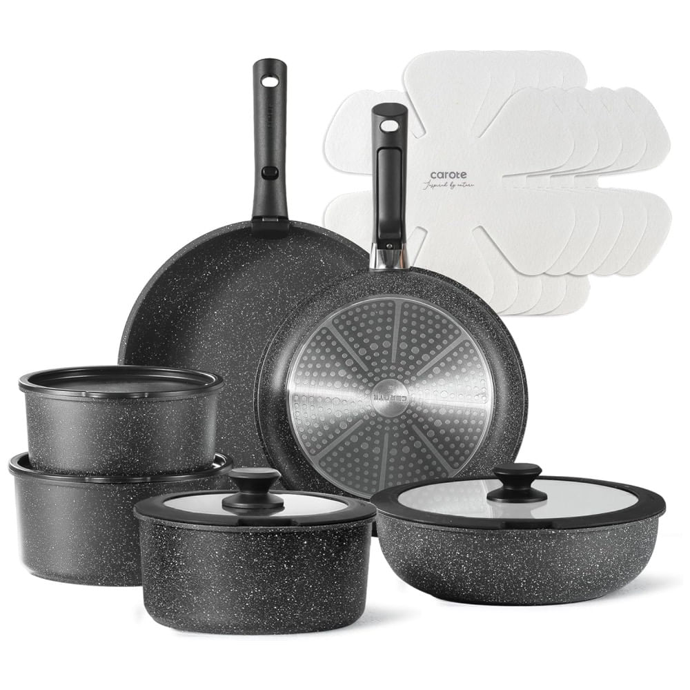 Jogo de Panelas CAROTE 17 peças Antiaderente com Alça Removível - Kit de Cozinha RV, Panelas Destacáveis, Uso no Forno e Camping - Preto Meia-Noite