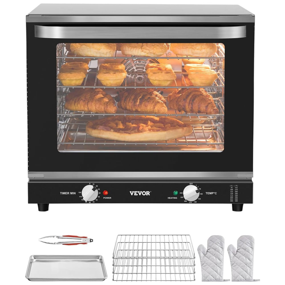Forno de Bancada Comercial VEVOR, 66 Litros 4 Camadas, Porta de Vidro Temperado, Estantes de Arame, Bandeja de Clip, Luvas, Forno Elétrico Inox