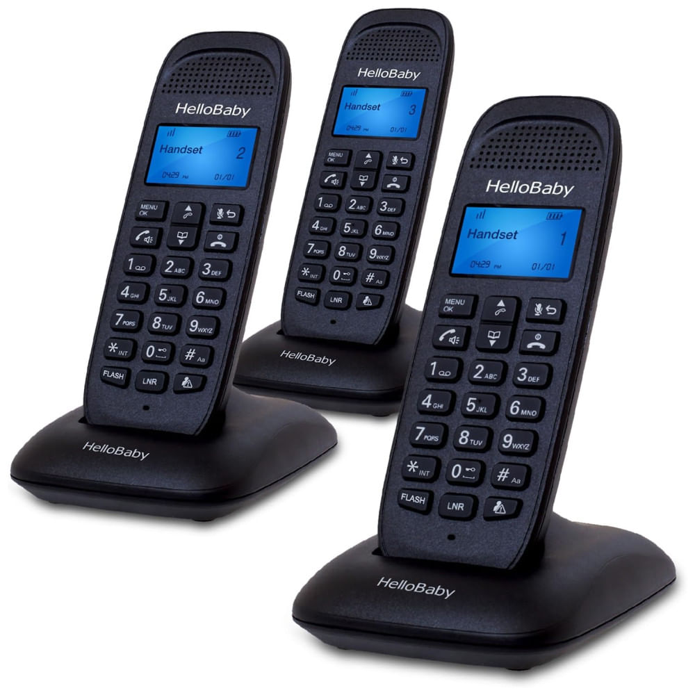 Telefone sem Fio HelloBaby DECT 6.0 com 3 Aparelhos, Identificador de Chamadas, Bloqueio, Display LCD Azul, Botões Grandes e Alcance de 50 metros.