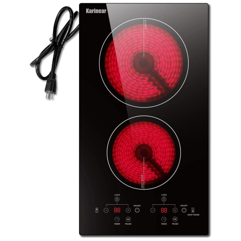 Cooktop Elétrico de Cerâmica Karinear 2 Bocas, 110v, 30cm, Embutido com Trava de Segurança, Timer e Proteção Infantil