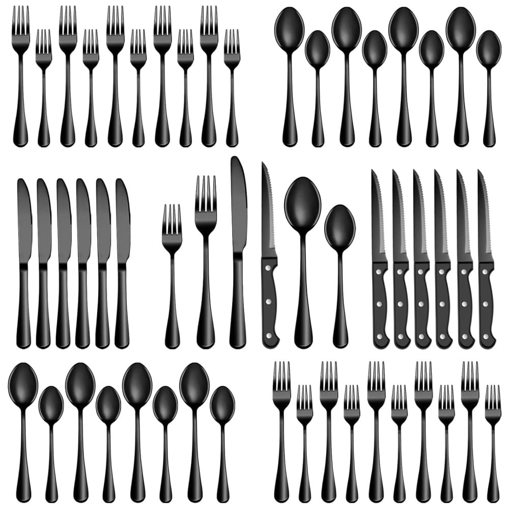 Jogo de Talheres Preto 24 Peças com Facas de Churrasco MUTNITT, Aço Inox para 4 Pessoas, Utensílios de Mesa para Casa e Restaurante, Resistente à
