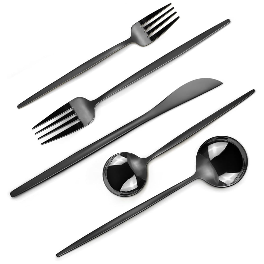 Jogo de Talheres Espelho Preto, Conjunto de Talheres 40 peças p/ 8 pessoas, Talheres Polidos c/ Brilho, Utensílios de Cozinha