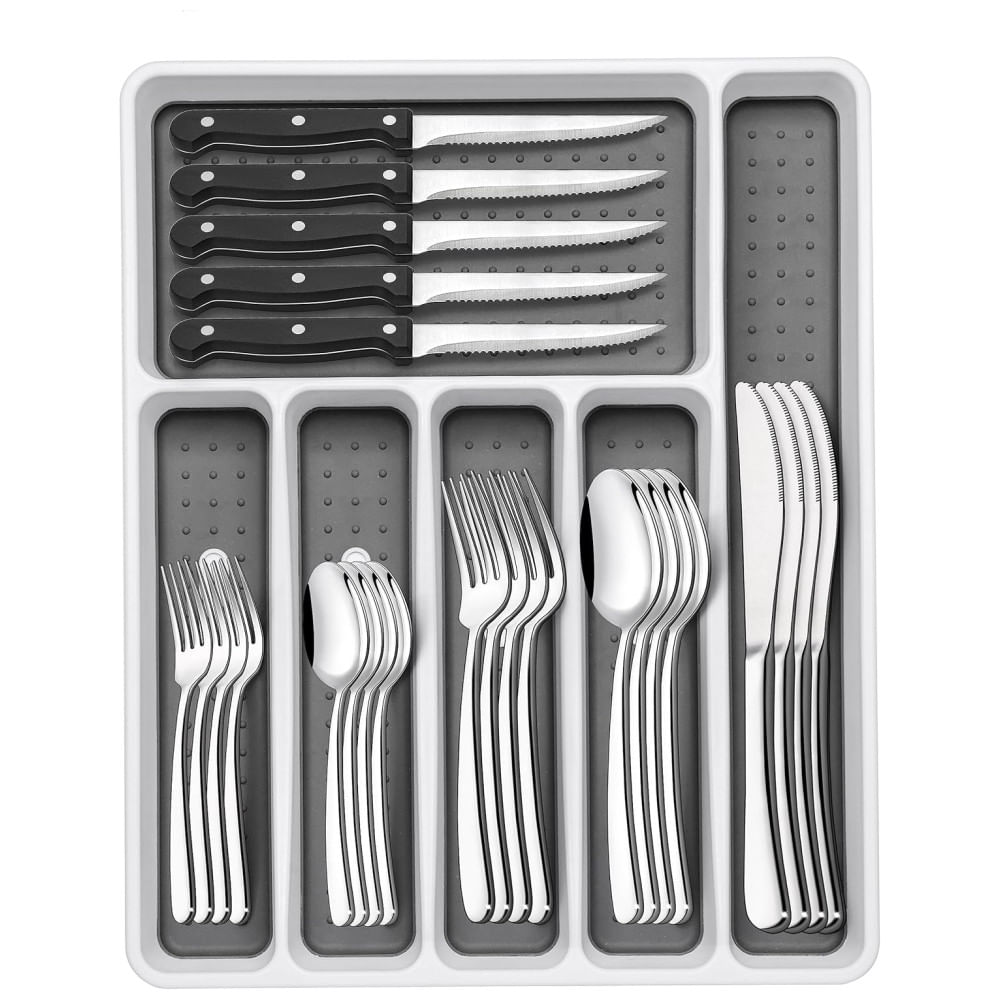 Jogo de Talheres 49 Peças em Aço Inox para 8 Pessoas, Facas de Carne Inclusas, Antiferrugem, Polimento Espelhado, Organizador e Seguro,EWFEN,
