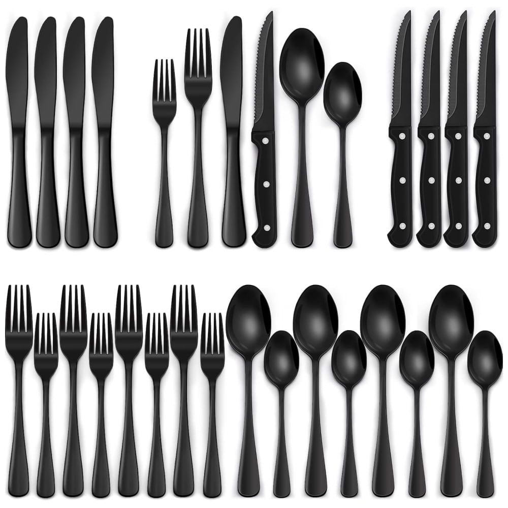 Jogo de Talheres Sofisticado Preto de 24 Peças com Facas de Churrasco - Aço Inox Premium p/ Casa e Restaurante - Design Ergonômico e Durável,EWFEN