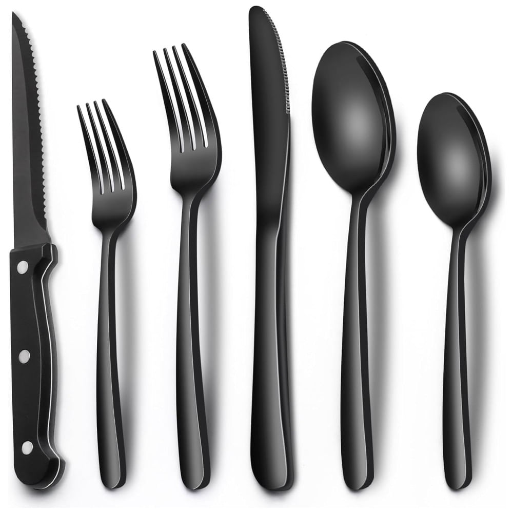 Conjunto de Talheres Premium em Preto, 24 Peças em Aço Inox, Facas de Churrasco, Para 4 Pessoas, Talheres de Mesa de Alta Qualidade,EWFEN
