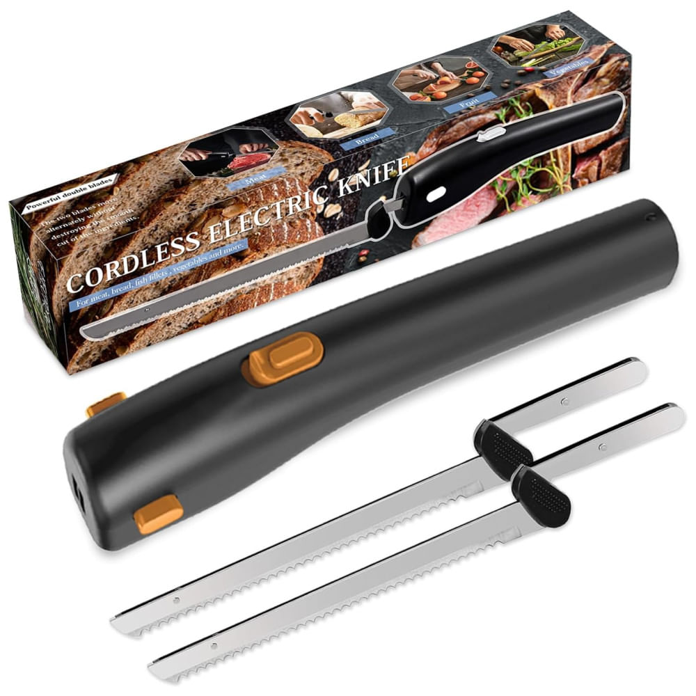 Facas Elétricas sem Fio com 2 Lâminas 20 cm, Recarregáveis, Trava de Segurança, Cabo Ergonômico, para Carnes, Pães, Peixes, Queijos e Frutas,Pratuor