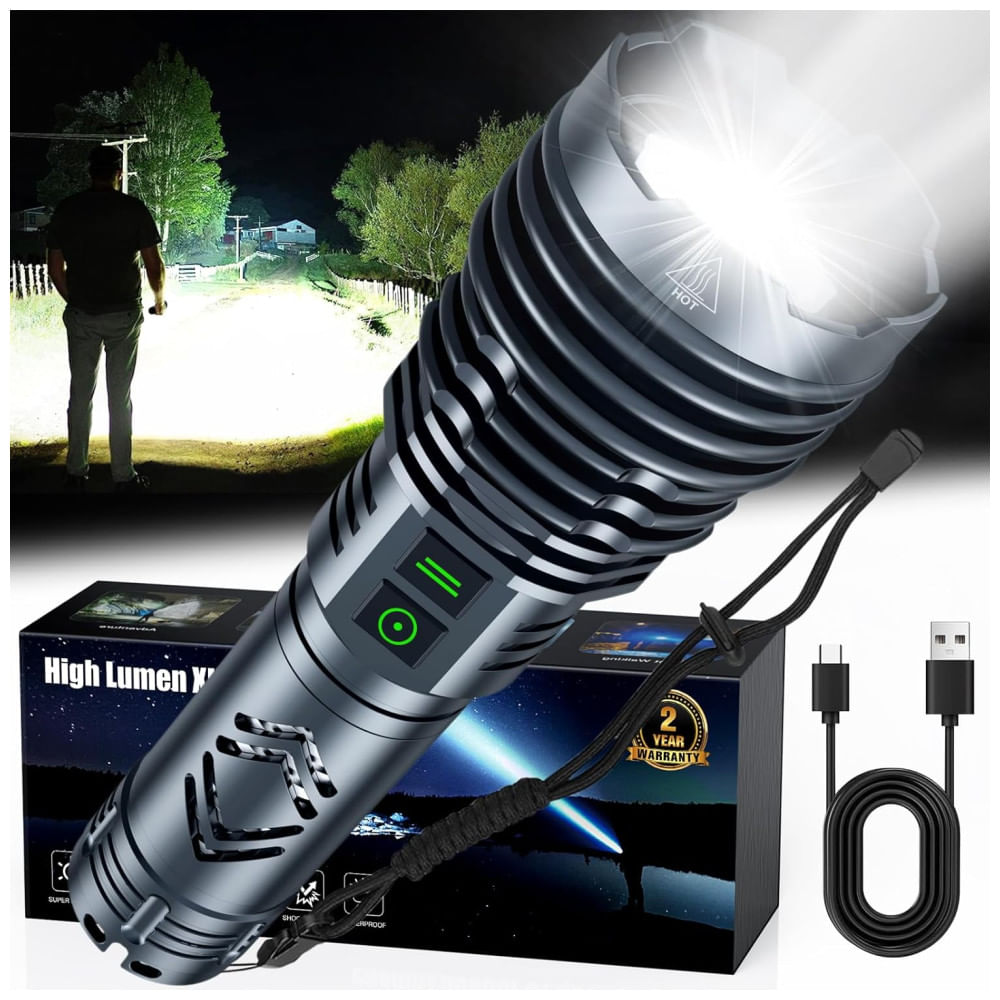 Lanterna Recarregável de Alta Potência 5500 Lumens Baibian, Super Brilhante, Tática e Resistente à Água, com Zoom e 6 Modos de Iluminação,