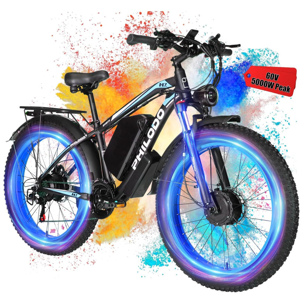 Bicicleta Elétrica PHILODO 60V 26Ah para Adultos, Duplo Motor de Pico de 5000W, E-Bike de Pneus Gordos a 45MPH, 5070 Milhas, Freios a Disco Hidráulico