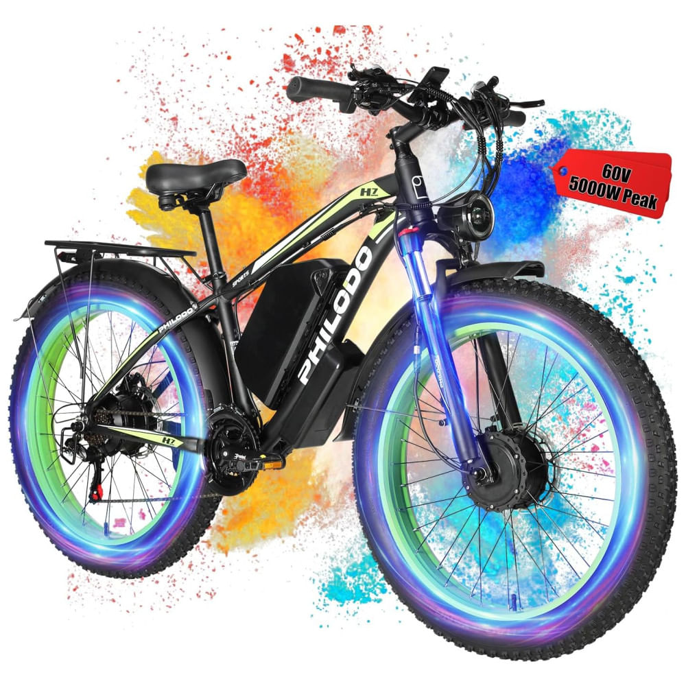 Bicicleta Elétrica PHILODO 60V 26AH para Adultos, Ebike de Pneus Largos com Motor Duplo de 5000W, 45MPH, 5070 Milhas de Alcance, Freios a Disco Hidráu