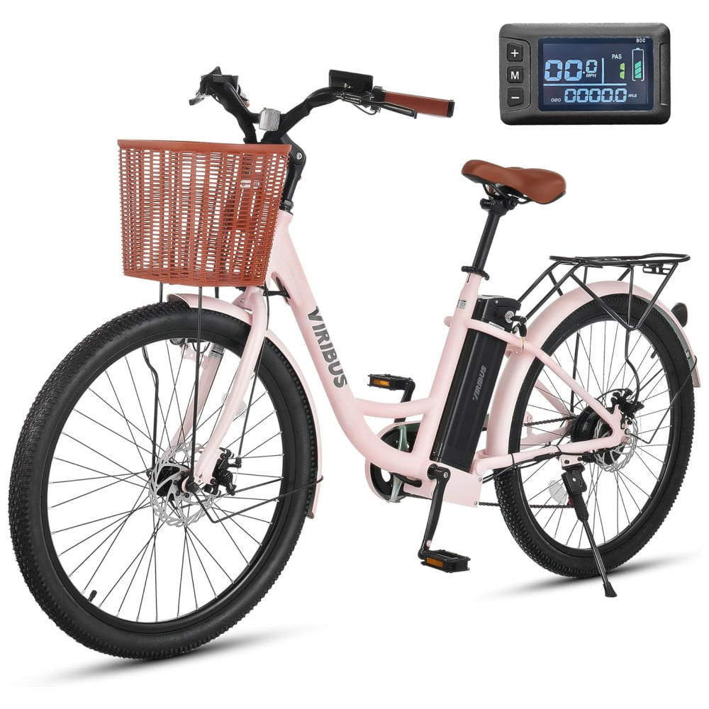 Bicicleta Elétrica Viribus para Mulheres, Autonomia de 64 Km, Quadro de Alumínio Leve, Cesta, Bateria de 468Wh, 7 Velocidades, Modelo Passo a Passo de