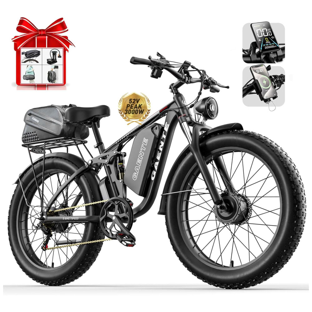 Bicicleta Elétrica GAENTE com Duplo Motor de Pico 3000W para Adultos, Bateria de 52V 23Ah, Velocidade Máxima de 59 km/h, Pneus Grossos de 26"x4", Frei