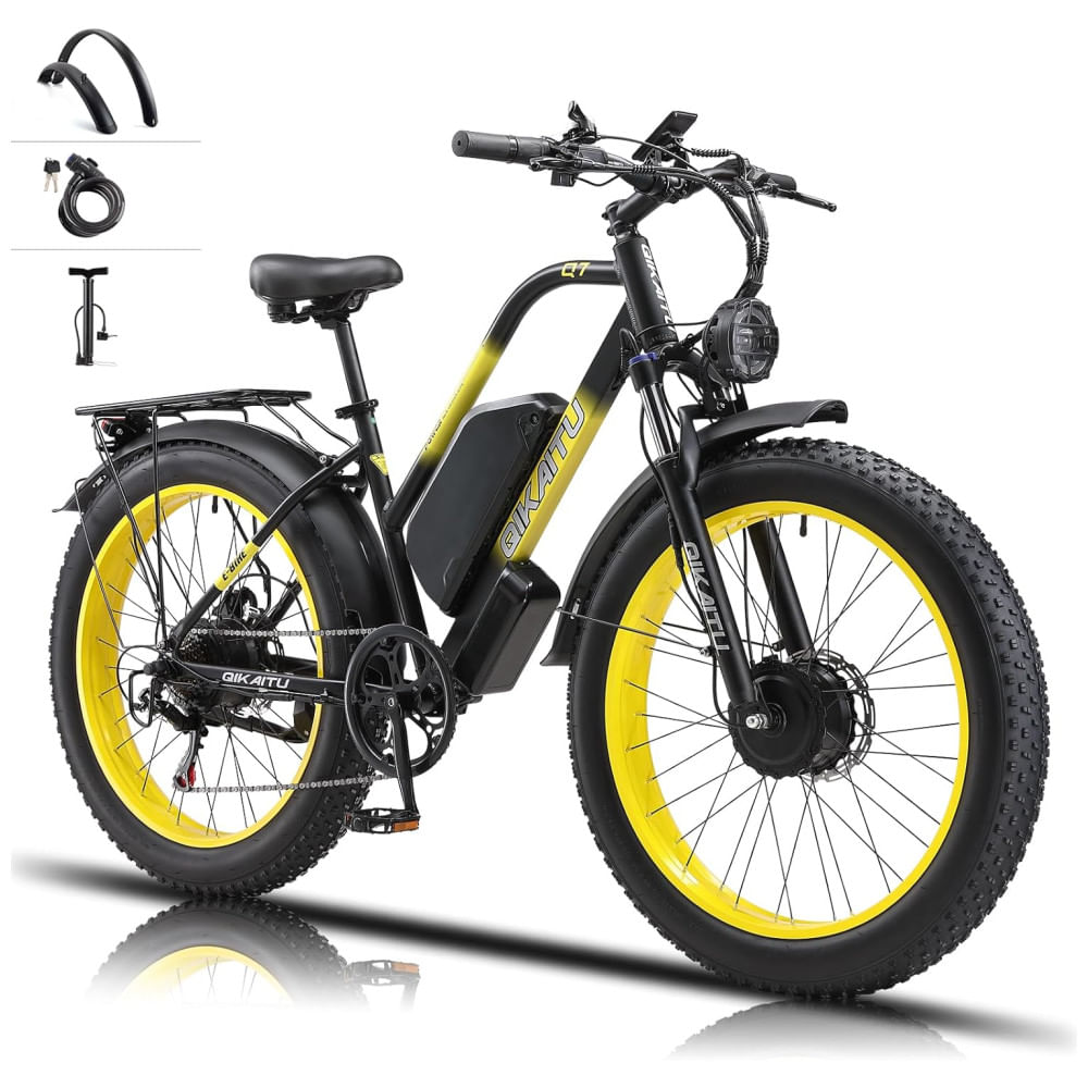Bicicleta Elétrica QIKAITU 2000W para Adultos, Bateria Removível Certificada UL de 48V 23Ah, Pneus Gordos de 26 para Todo Terreno, Freios Hidráulico