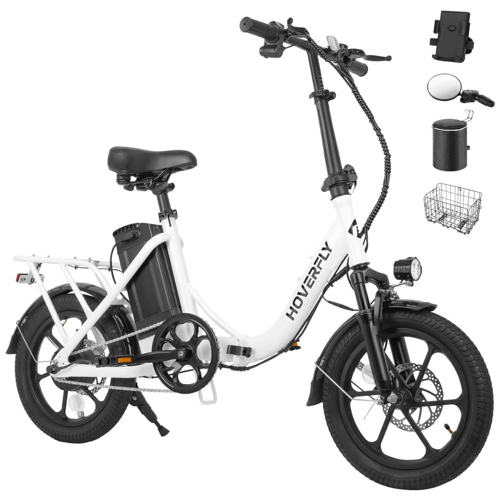 Bicicleta Elétrica HOVERFLY H3 16, Alcance Máx. 45Km Modo Assistência a Pedal, Bateria Removível 280.8Wh, Suspensão Dianteira e Bike Elétrica Dobráv