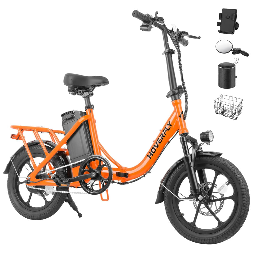 Bicicleta Elétrica HOVERFLY H3 16 Polegadas, Autonomia Máxima de 45 Quilômetros, Pedal Assistido, Bateria Removível, Suspensão Dianteira e Design Dobr