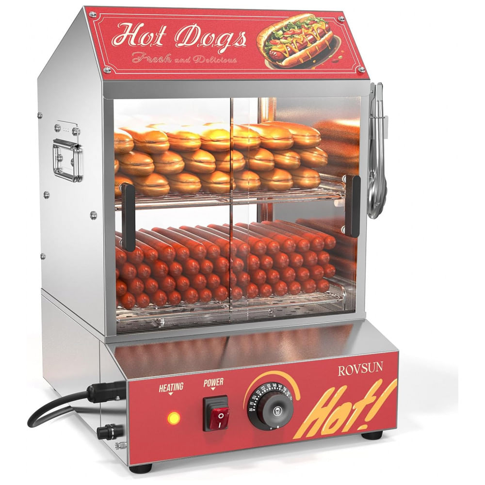 Máquina de Cachorro-Quente ROVSUN para 175 Cachorros-Quentes e 40 Pães, 30L de Capacidade, Vaporizador de Cachorro-Quente de 31 litros com 2 Níveis e