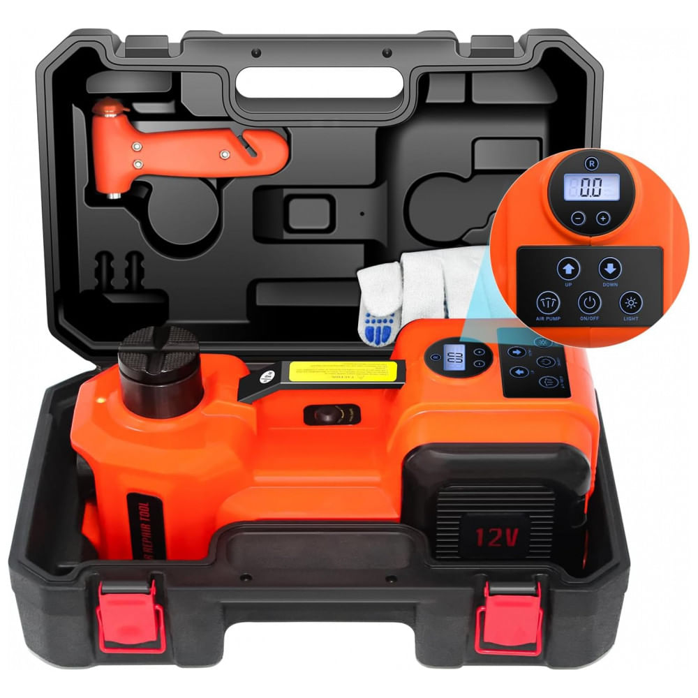 Macaco Elétrico EHEELP 5Ton 12V Kit de Elevação Hidráulico para Troca de Pneus de SUVs, MPVs, Sedans e Caminhões na Garagem com Display LCD 3 em 1