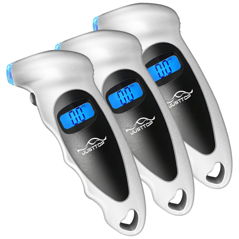 JUSTTOP 3 Pack Medidor de Pressão Digital para Pneus, 150PSI 4 Configurações para Carros, Caminhões e Bicicletas, LCD Retroiluminado e Empunhadura Ant