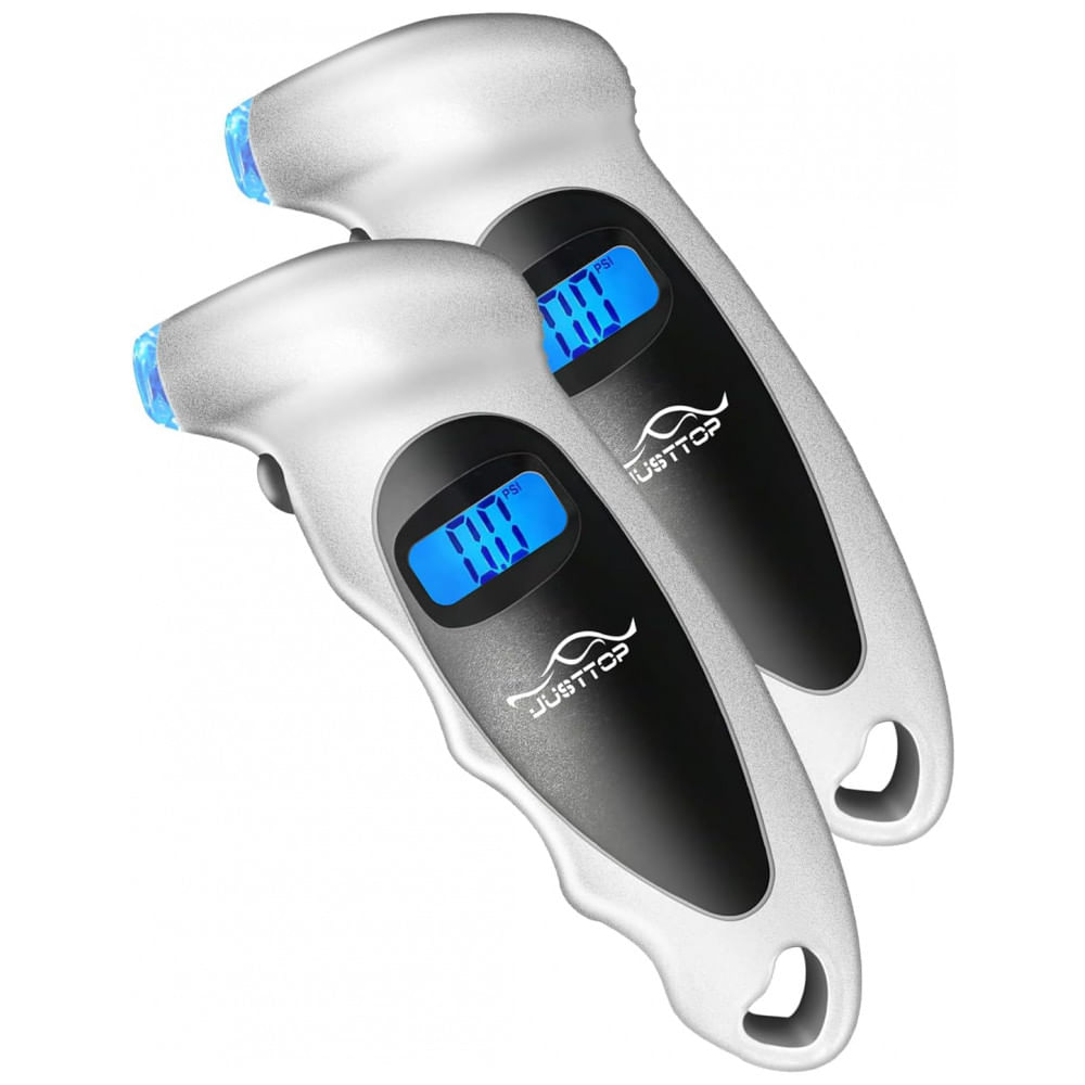 Medidor de Pressão de Pneus Digital JUSTTOP, 150PSI 4 Configurações para Carros, Caminhões e Bicicletas, LCD Retroiluminado e Pegada Antiderrapante