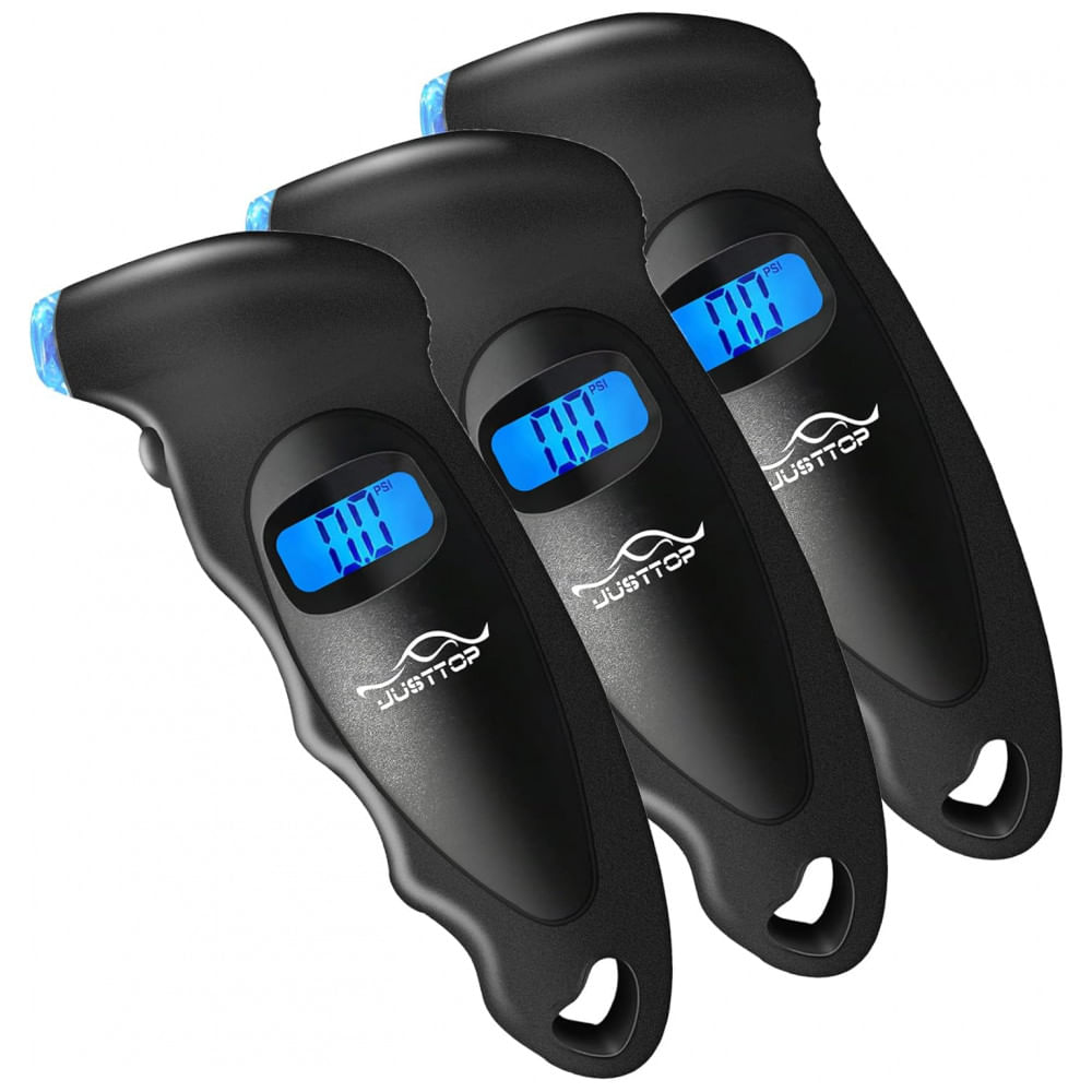 JUSTTOP Conjunto de 3 Medidores Digitais de Pressão de Pneus, 150PSI, 4 Configurações para Carros, Caminhões e Bicicletas, Tela LCD Iluminada