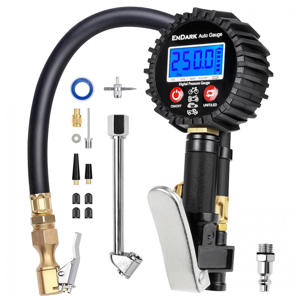 Manômetro Digital com Inflador ENDARK 250 PSI - Medidor de Pressão de Pneus a Ar Comprimido 3 em 1