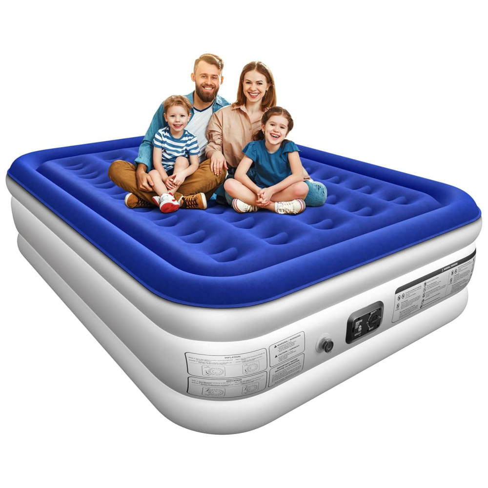 Colchão de Ar Queen com Bomba Incorporada - Conforto Luxuoso - Colchão Inflável Elevado Queen para Casa e Visitantes - Azul e Branco,