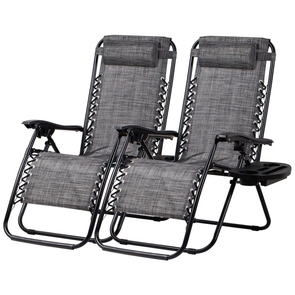 Conjunto de 2 Cadeiras de Praia Reclináveis Nazhura em Aço com Design de Malha, Almofada e Porta-Copos - Cinza
