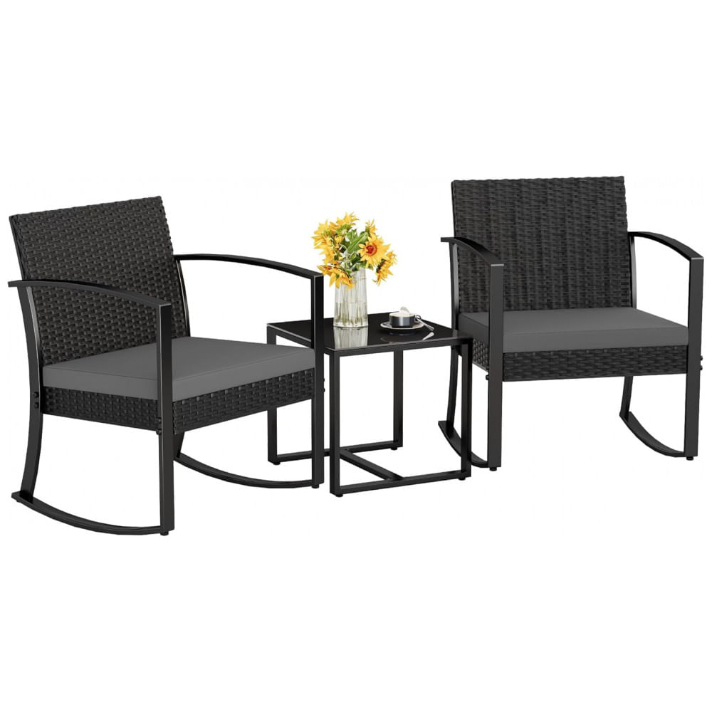 Conjunto de Móveis de Pátio Homall 3 Peças - Conjunto de Bistrô Externo de Resina com Cadeiras de Balanço Acolchoadas e Mesa para Varanda,