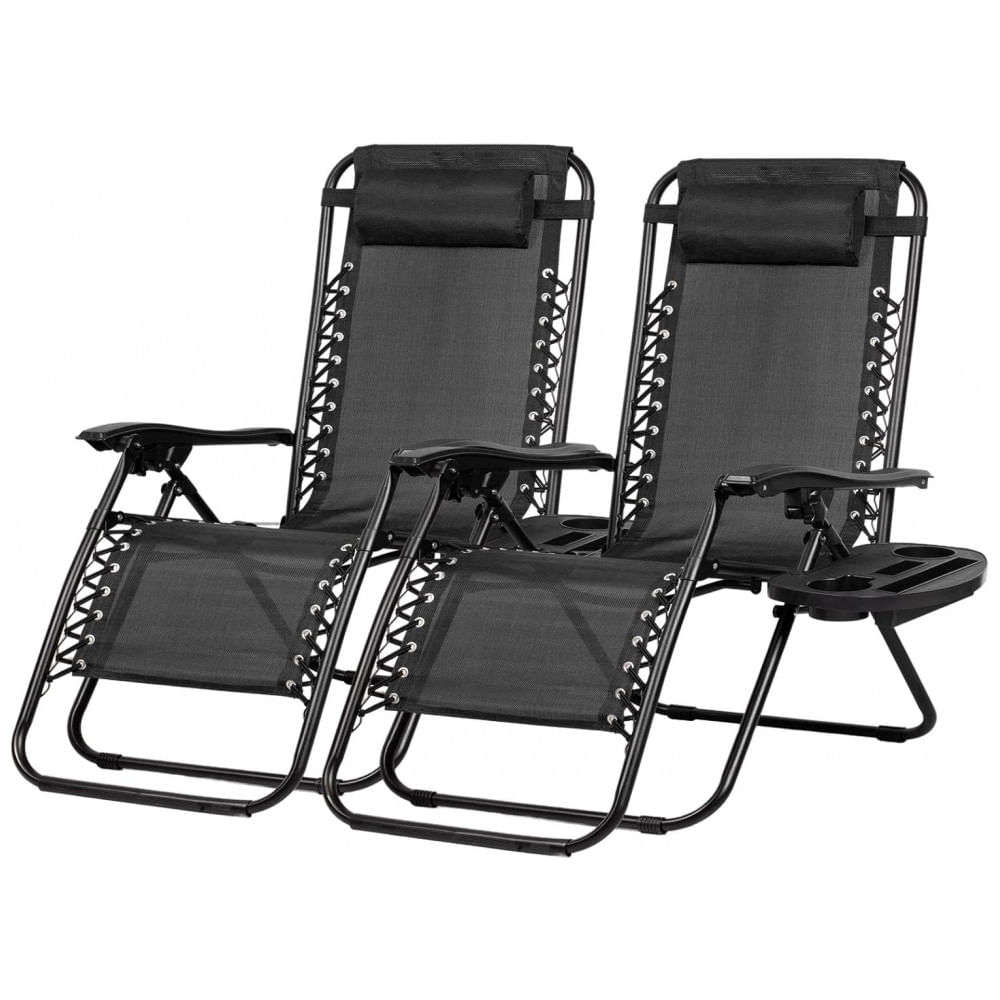 Conjunto de 2 Cadeiras de Praia Reclináveis Nazhura em Aço com Design de Malha de Aço Preta e Zero Gravity - com Almofada e Suporte para Copo