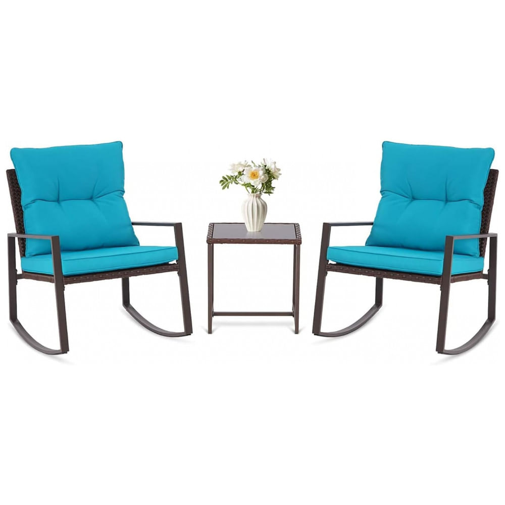 Conjunto de Móveis de Vime Preto SUNCROWN para Área Externa: 3 Peças com Cadeiras de Balanço, Conjunto de Conversação com Mesa de Centro de Vidro - Az