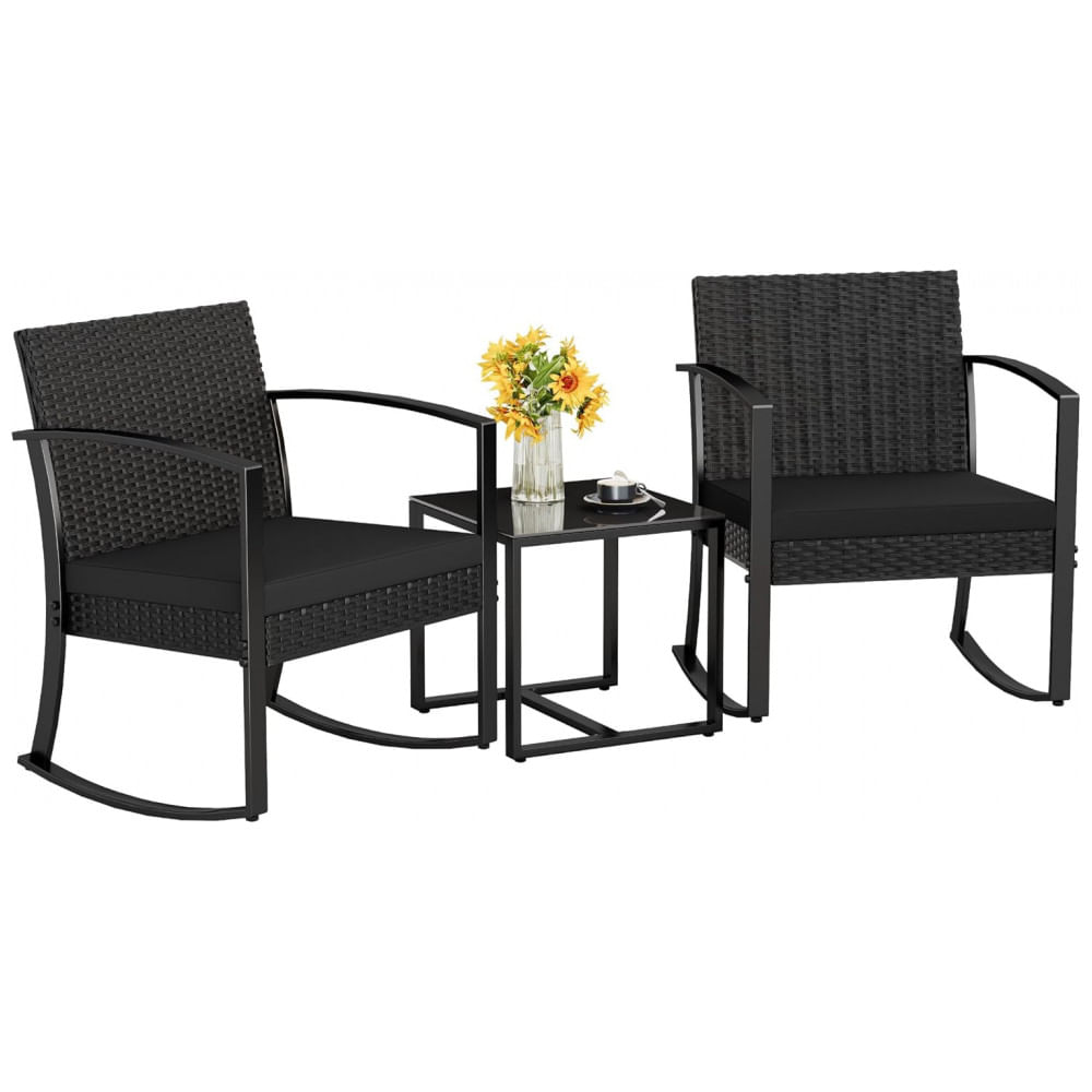 Conjunto de Móveis de Pátio Homall 3 Peças Preto - Cadeiras de Balanço para Área Externa com Almofadas e Mesa para Varanda, Piscina, Sacada e Jardim