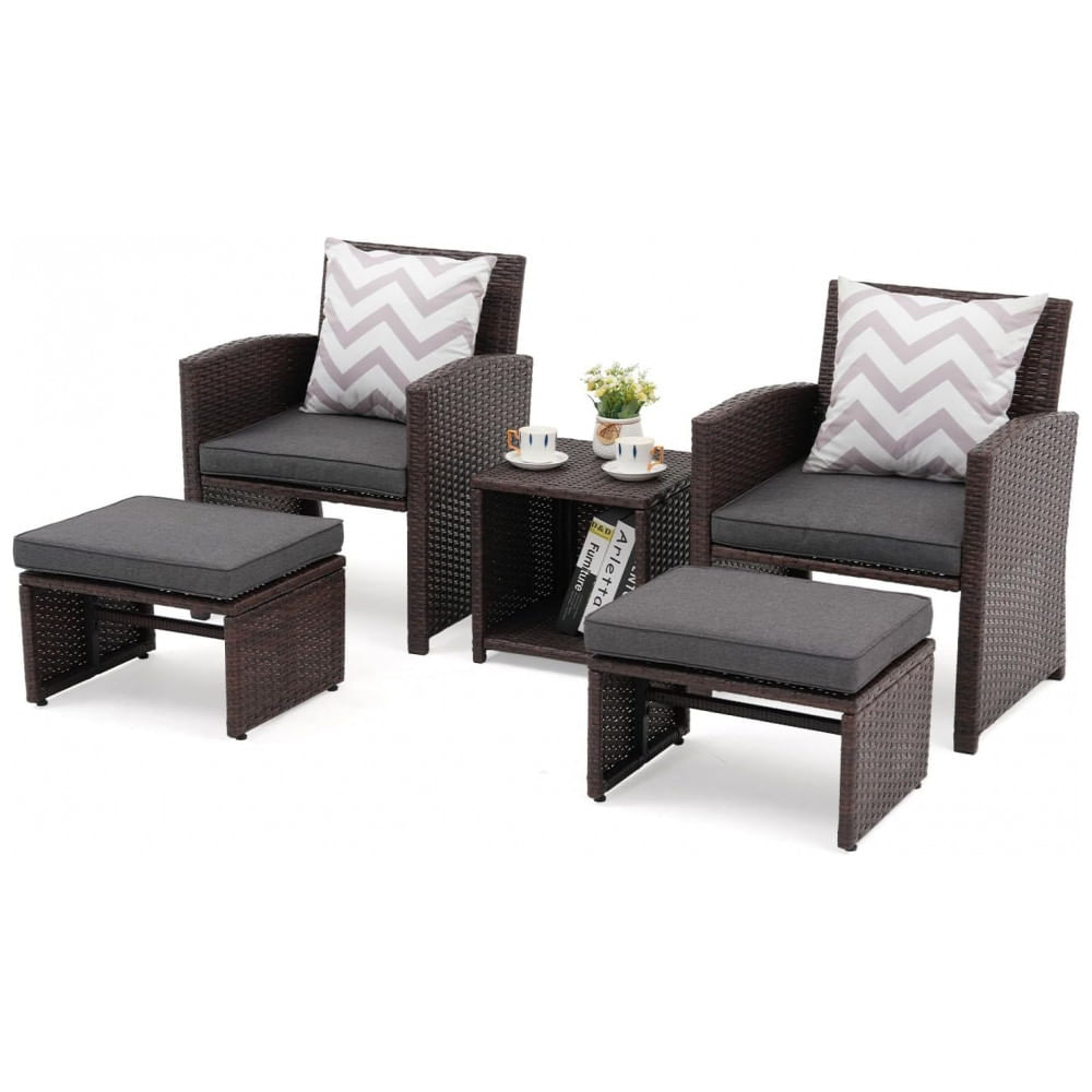 Conjunto de Móveis para Varanda OC OrangeCasual 5 Peças com Almofadas, Cadeira de Vime Marrom com Otomano, Mesa de Armazenamento para Jardim e Varanda