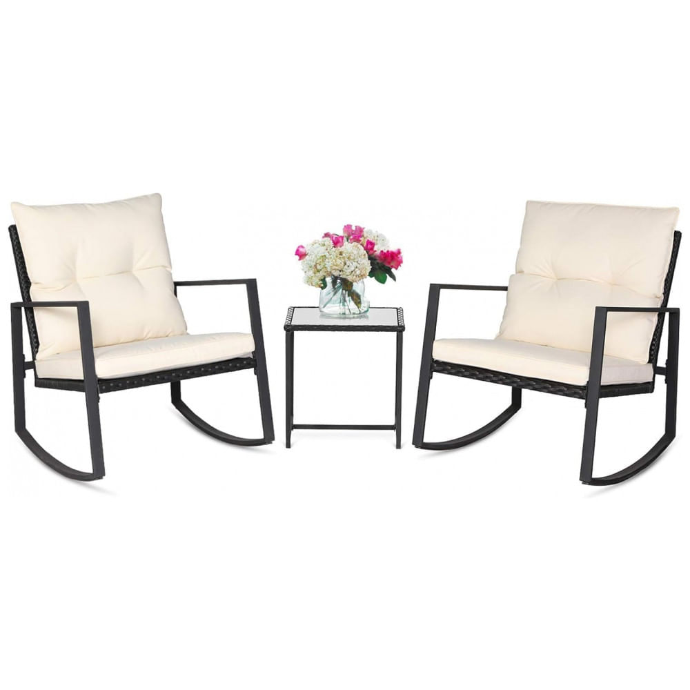Conjunto de Móveis de Vime Preto para Varanda com Mesa de Centro de Vidro - SUNCROWN