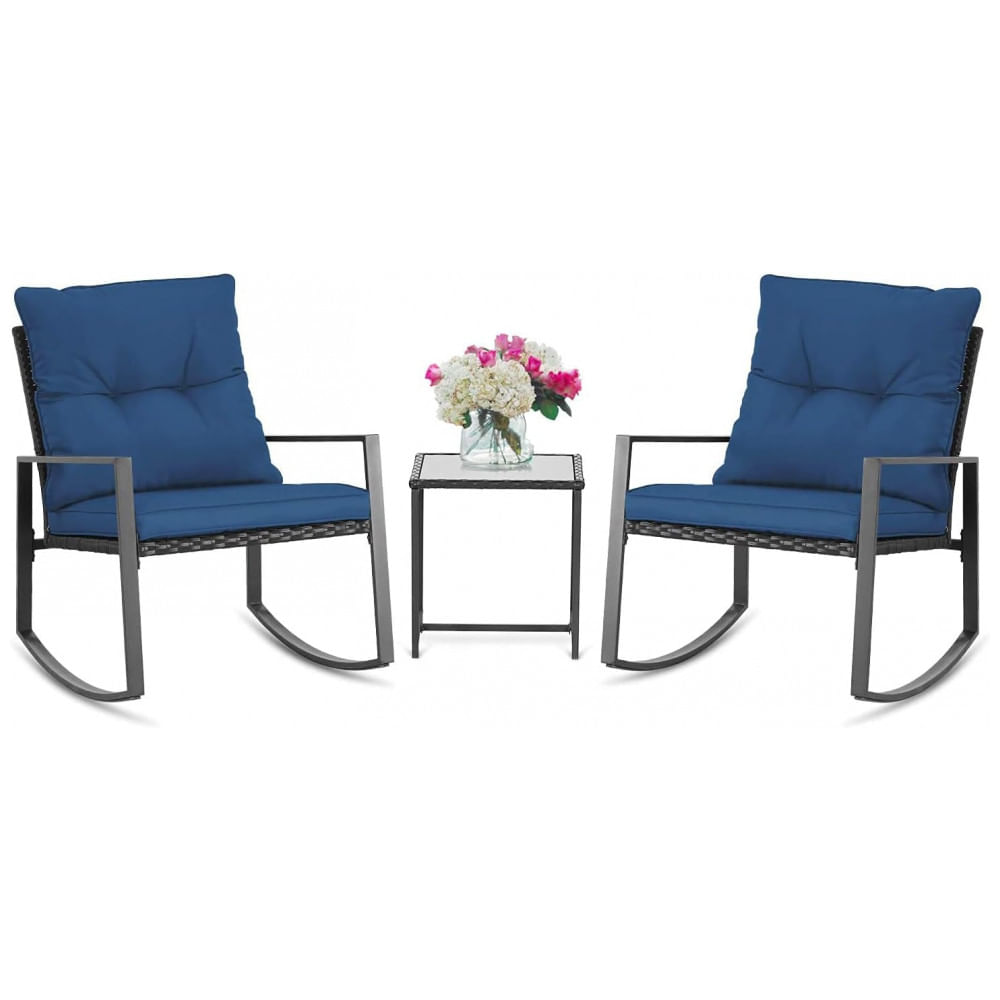 Conjunto de Balanço de Exterior de 3 Peças SUNCROWN em Vime Preto - Cadeiras de Varanda com Mesa de Centro de Vidro para Conversas, Azul Escuro