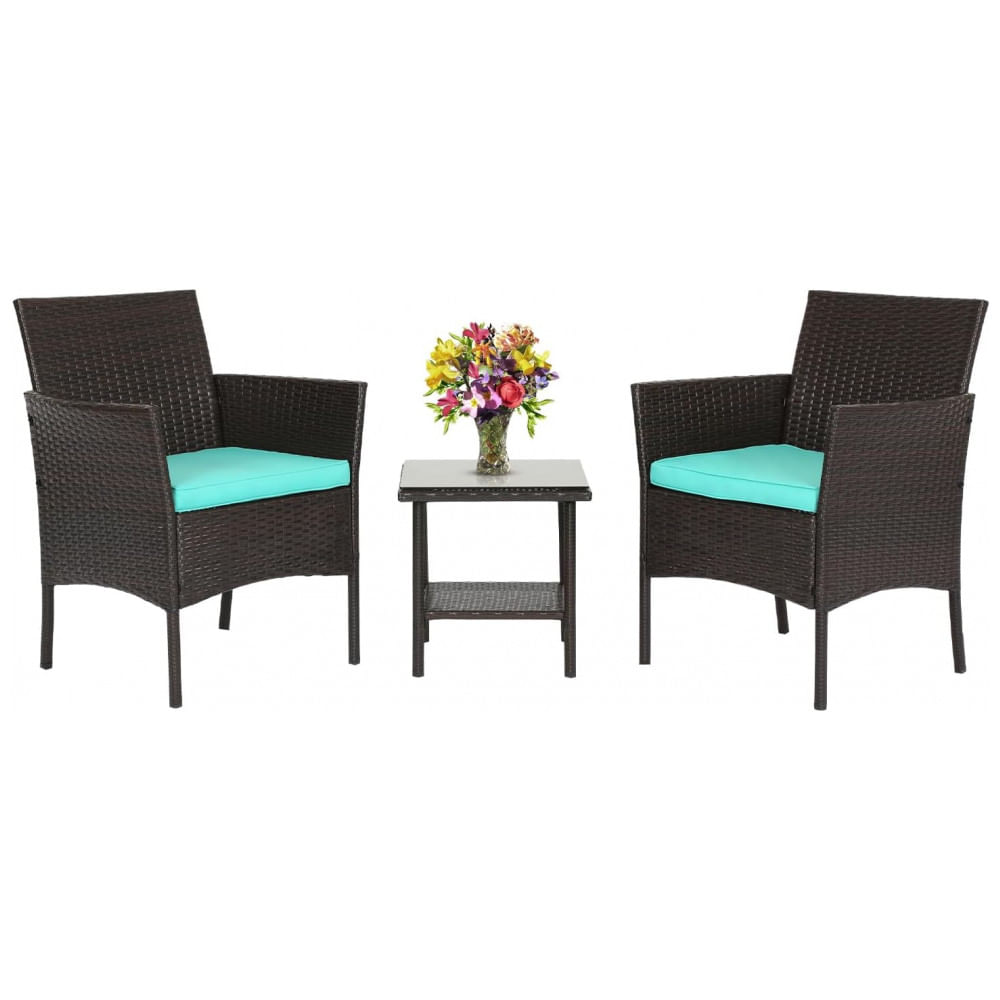 Conjunto de Móveis de Exterior FDW 3 Peças - Cadeiras de Vime Marrom para Varanda com Almofadas Azuis e Mesa de Café de Vidro - Para Jardim, Varanda,
